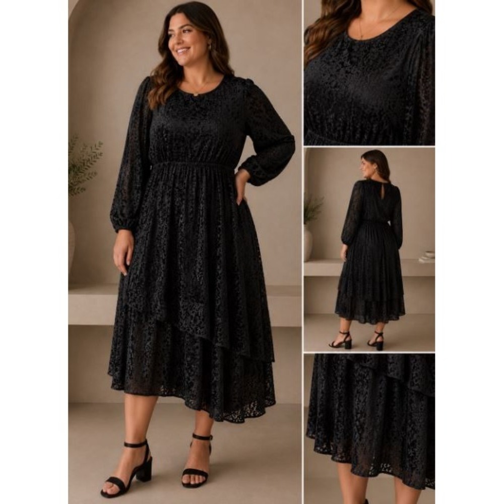 Black Animal Velvet Tiered Ruffle Dress Large Textured LBD Goth Party Holiday